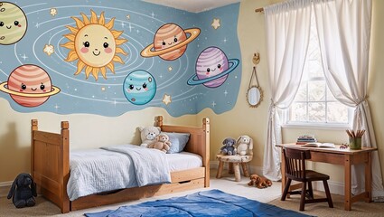 A cute and colorful illustration of the solar system for children's bedrooms, featuring smiling planets and a happy Sun in a pastel outer space setting.