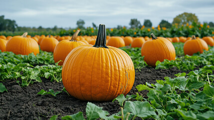 Harvested pumpkins in vibrant field, showcasing their bright orange color and lush green leaves, evoke sense of autumn joy