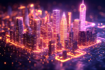 Fototapeta premium Futuristic city skyline illuminated with neon lights at night, showcasing advanced architecture and technology