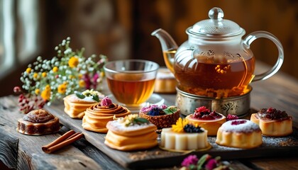 Fototapeta premium Cozy Winter Tea Party with Pastries Herbal Teas and Cinnamon Sticks