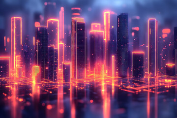 Fototapeta premium Futuristic city skyline illuminated by neon lights at dusk, reflecting on water with a vibrant atmosphere