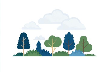 Obraz premium Colorful flat design of a vibrant forest landscape featuring various trees and clouds, ideal for nature themed projects and eco friendly designs