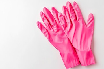 Obraz premium Pair of Bright Pink Rubber Gloves on a Clean White Surface