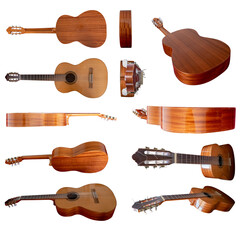 Classical six strings acoustic guitar side, top, bottom, angle views set isolated on white
