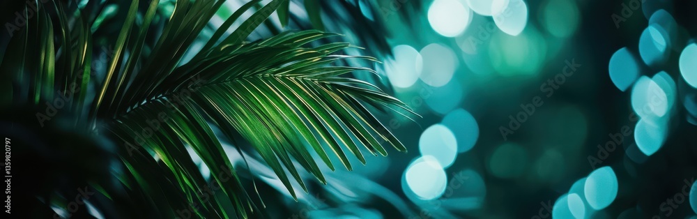 Poster vibrant emerald and turquoise bokeh dances around lush green palm leaves in a tranquil setting