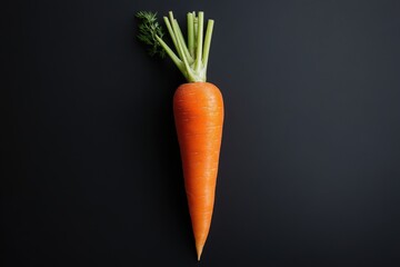 A single fresh carrot with green leaves laying flat on black background