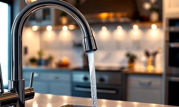 Modern kitchen faucet with flowing water. Interior scene.  Possible use stock photo