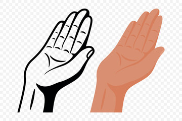 Raised Hand Vector Icon Set With Black And Brown Palm Up Gestures. Open Human Hands Clipart For Stop Sign, Help Request, Support Symbol. Flat And Line Art Style, Isolated