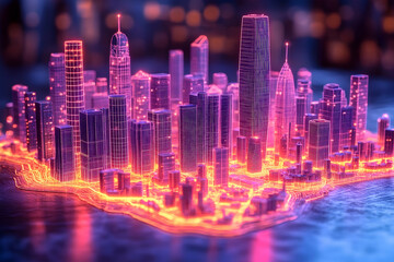 Futuristic cityscape at night with glowing neon lights and reflections on water, showcasing urban innovation