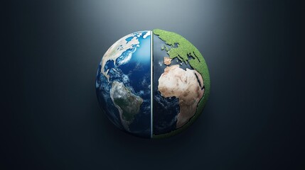 Fototapeta premium A stylized depiction of Earth, split into two halves: one showing the traditional globe view and the other featuring green, textured land.