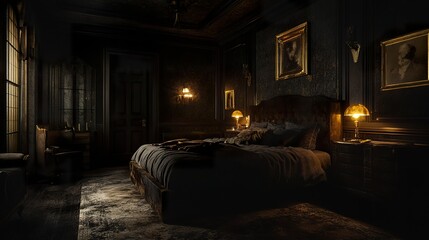 Sophisticated and moody bedroom, dark tones throughout, plush bed with layered bedding, subtle gold and brass decor, soft ambient lighting, corner perspective wide shot.  