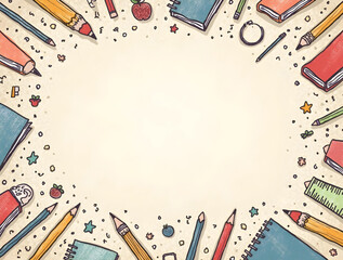 Hand-drawn school supplies frame a blank space, perfect for educational or creative projects