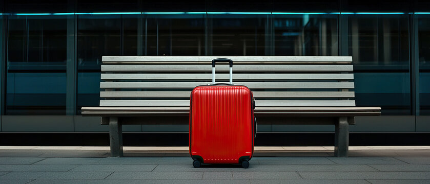 vibrant red suitcase stands alone on bench at empty train station, evoking sense of solitude and anticipation