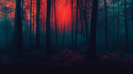 Fototapeta premium The evening misty spooky forest background with horror Halloween decorated conceptual.Spooky Halloween misty foggy forest.Happy Halloween creepy nature mist fantasy