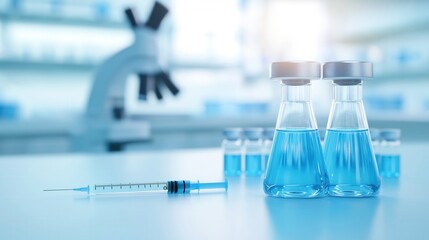 A close-up view of laboratory equipment featuring vials of blue liquid and a syringe against a backdrop of scientific tools.