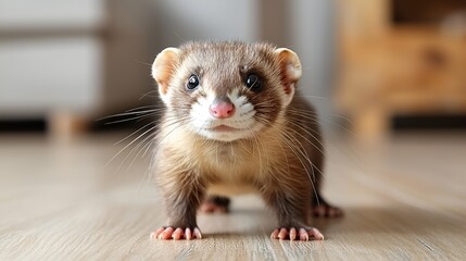 Cute Ferret Facing Forward on Wooden Floor
