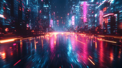 Futuristic cityscape at night with vibrant neon lights reflecting on wet streets