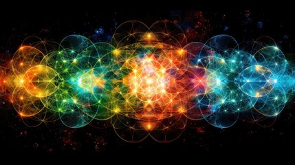Obraz premium Colorful geometric patterns, abstract cosmic design, glowing circles on dark background. Possible use spiritual background, meditation