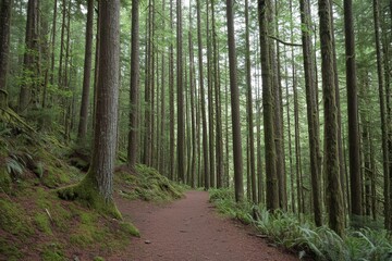 Fototapeta premium Serene Trail Through Dense Evergreen Forest with Lush Greenery