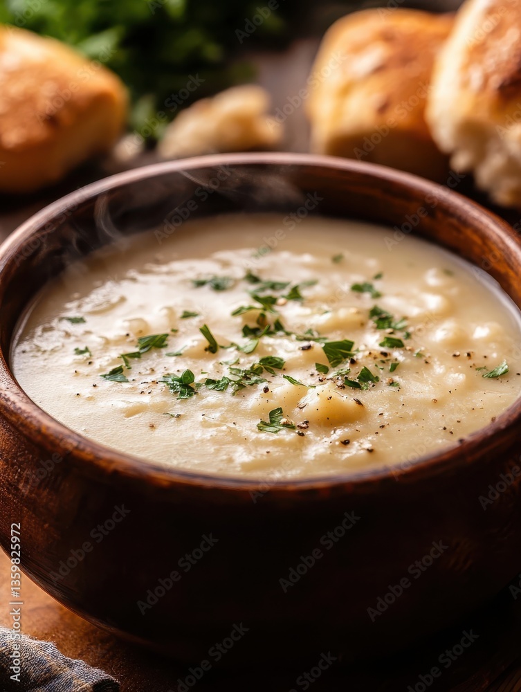 Poster close-up view of steaming bowl of delicious soup with herbs and fresh bread on a rustic wooden table