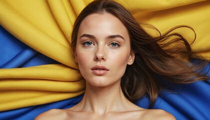 Ukrainian Woman Posing with Ukrainian Flag. Support Ukraine