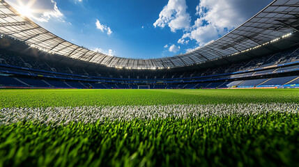 Fototapeta premium A low angle view of a soccer field inside a stadium under a bright blue sky with white clouds