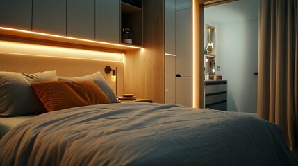 Fototapeta premium Stylish bedroom, built-in wardrobe with integrated LED strips, soft lighting highlighting the modern design, cozy bed with muted tones, wide-angle doorway shot. 