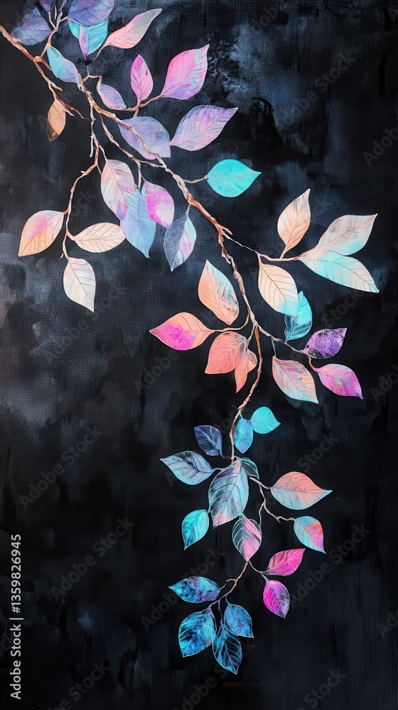 Poster branches with iridescent leaves create a striking contrast against a dark backdrop