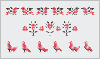 Birds and flowers beads ornament from southern Ukraine traditional embroidery patterns, ethnic decor motif