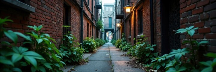 Obraz premium Dark gritty urban alleyway with worn brick walls and overgrown plants , graffiti, weeds
