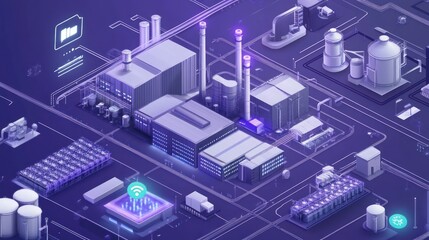 A digital illustration of an industrial complex with factories and technology elements.