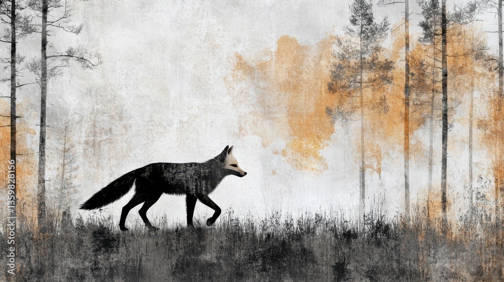 Poster Abstract silhouette of a fox walking through a forest with trees and an atmospheric background during the dawn or dusk