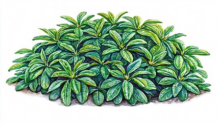 Bush with many green leaves, center-focused light. Leaf edges are shadowed. Soil