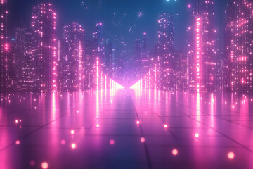 Fototapeta premium Futuristic cityscape with glowing skyscrapers and vibrant lights reflecting on a smooth surface