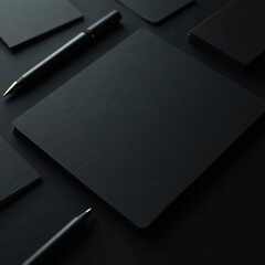Dark sleek black notes scattered on a dark surface, dark, music sheets