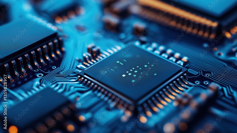 Poster close-up of electronic microchip on a luminous circuit board with detailed connections