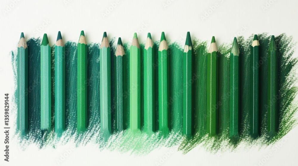 Poster gradient of green pencil strokes showcasing a variety of shades on a canvas background