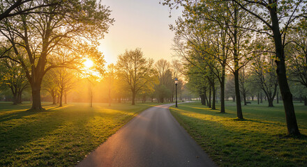 Obraz premium Sunrise in a spring park with lush green trees and trail 