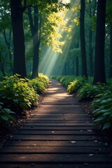 Dark wooden planks lining a dimly lit forest floor, trees, misty