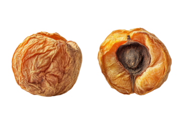 Golden wrinkled apricots aging gracefully on a stark black canvas capturing the essence of time and preservation with sharp detailed macro focus