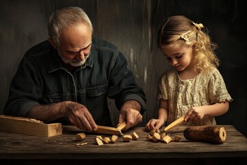 Grandfather teaches granddaughter traditional woodworking skills in cozy workshop