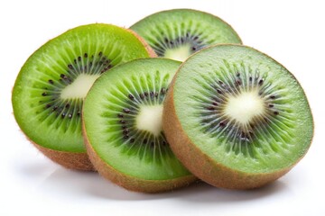 Juicy kiwi slices, a vibrant burst of tropical freshness against a bright white backdrop.