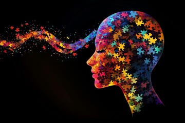 Colorful puzzle piece head on black background, symbolizing artificial intelligence, creativity, and mind.