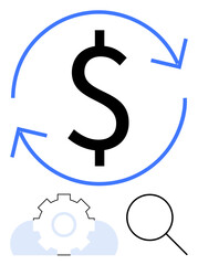 Dollar sign encircled by arrows, magnifying glass, and gear symbolizing money flow, analysis, and operations. Ideal for finance, business strategy, investment, cash flow economic growth operations