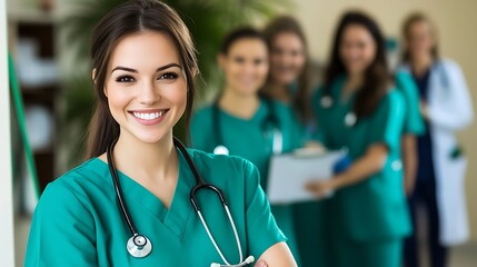 Smiling Female Nurse with Colleagues in Background