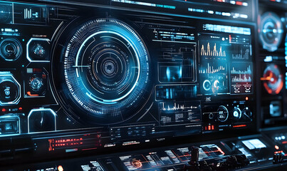 Obraz premium Futuristic control panel displaying data analytics and visualizations in a high-tech environment