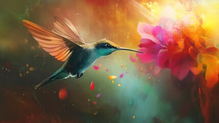 Obraz premium Hummingbird's embrace, a vibrant dance with painted floral fantasy