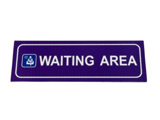 Purple rectangular sign indicating a waiting area with a pictogram of a seated person.