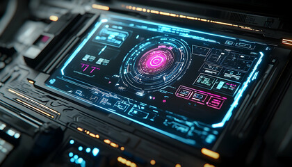 Obraz premium Futuristic control panel displaying vibrant holographic interface with data analysis in a sci-fi environment