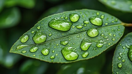 Dew-kissed leaf, glistening with water droplets
